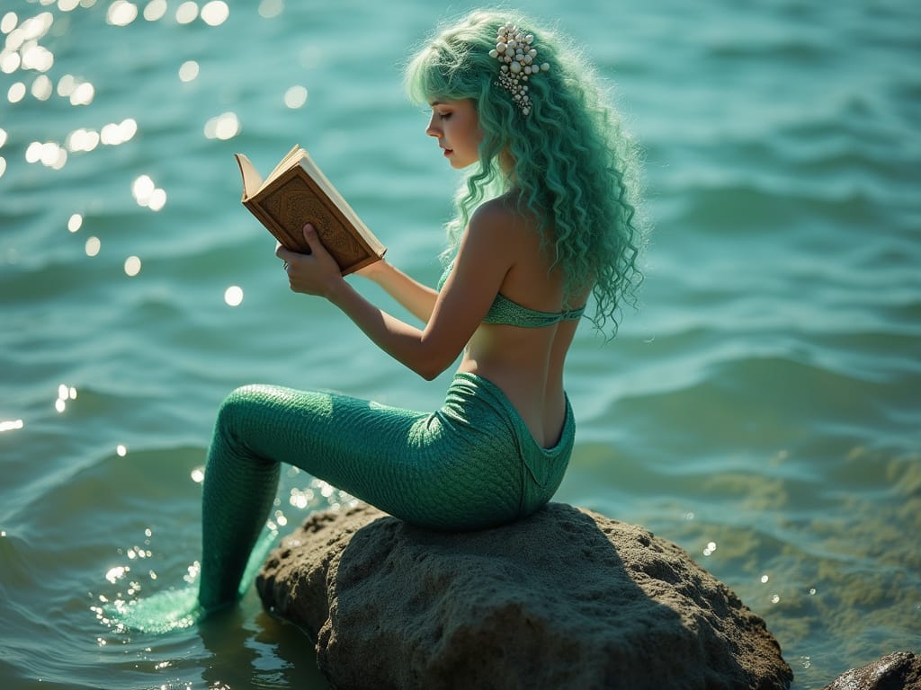 Sirène aux cheveux vert menthe et à la queue turquoise lisant un livre sur un rocher dans la mer