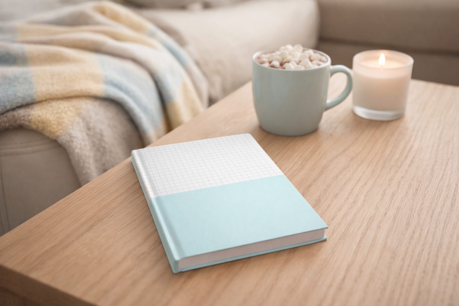 carnet bleu pastel - bullet journal - couverture rige posé sur un bureau